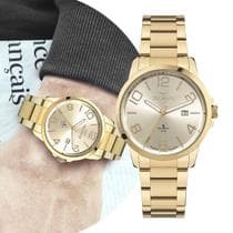 Relógio Masculino Dourado Analógico de Pulso Movimento Quartzo com Pulseira e Caixa de Aço Inoxidável Luxo Elegante Social Casual Technos
