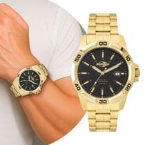 Relógio Masculino Dourado e Preto Analógico de Pulso Movimento Quartzo Pulseira e Caixa de Aço Inoxidável à Prova D…