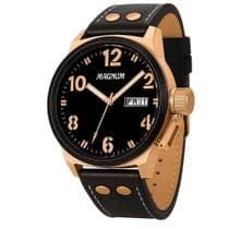 Relógio Masculino Magnum Bronze Aço Inoxidável Couro Preto Mostrador Preto Original Resistente à Água MA32783P