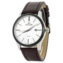 Relógio Masculino Technos Classic Steel Prata Couro Marrom Mostrador Prata Original Resistente à Água 2115MPP1K