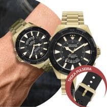 Relógio Masculino Technos Skydiver Dourado e Preto Digital e Analógico Troca a Pulseira Kit com 2 Pulseiras à Prova D Água Social Casual Luxo Elegante