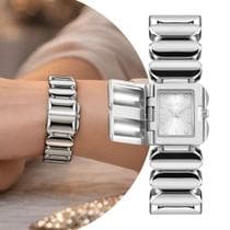 Relógio Pulseira Analógico Feminino Prata com Caixa e Pulseira de Aço Inoxidável e Resistência à Água Elegante Luxo Fashion Euro