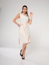 Vestido Chemise Midi Linho Feminino com Fechamento Frontal em Botões, Acompanha cinto e Bolsos