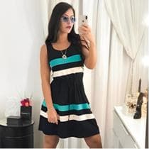 Vestido Feminino Básico Listrado Casual Midi Adulto Manga Regata