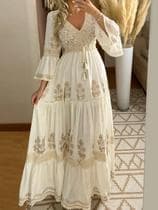 Vestido Feminino Elegante Branco Com Decote Em V, Manga Flare, Plissado, Estilo A-Line, Vintage
