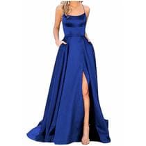 Vestido Longo De Cetim Feminino Sem Costas Com Fenda Lateral E Bolsos Para Casamento E Festa 2024