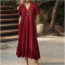 Vestido Longo Feminino Em Algodão E Linho Com Decote Em V E Mangas Curtas Estilo Europeu-Americano