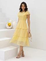 Vestidos Feminino Midi Elegante Festa Camadas com Babado Manga Curta Moda Evangélica