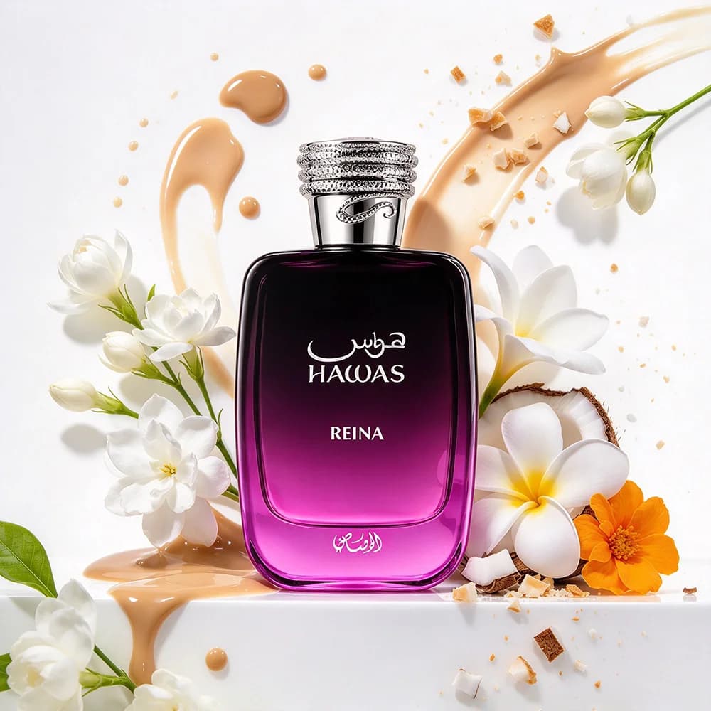 Rasasi Hawas Reina Women Eau De Parfum 100ml Sweet Oriental Vanilla Scent Apricot Pear Cinnamon Opening Jasmine Frangipani Coconut Coffee Heart Vanilla Sugar Sandalwood Amber Musk Base for Daily Eveni