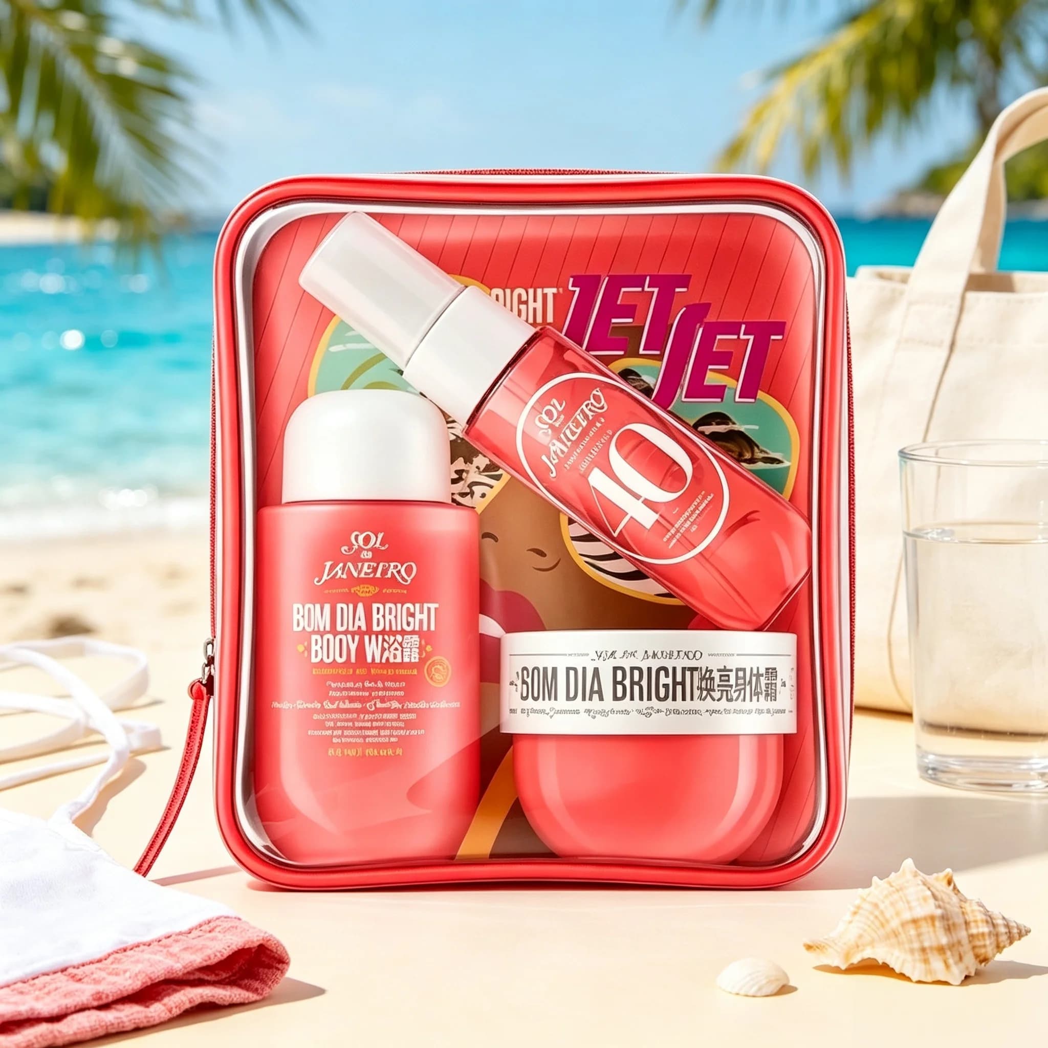 Sol De Janeiro Delicia Drench Body Care Travel Gift Set: A Purple, Transparent Zippered Cosmetic Bag Containing Nourishing Shower Oil, No. 59 Fragrance Spray, and A mini Skincare Set with A Long-Lasti