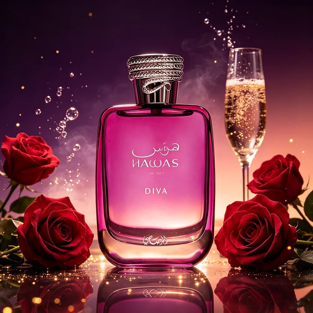 Hawas Diva Perfume for Women 100ml Fruity Woody Floral Scent Red Fruits Lychee Top Rose Frankincense Heart Vanilla Ambergris Base EDP for Date Night Evening Special Occasions