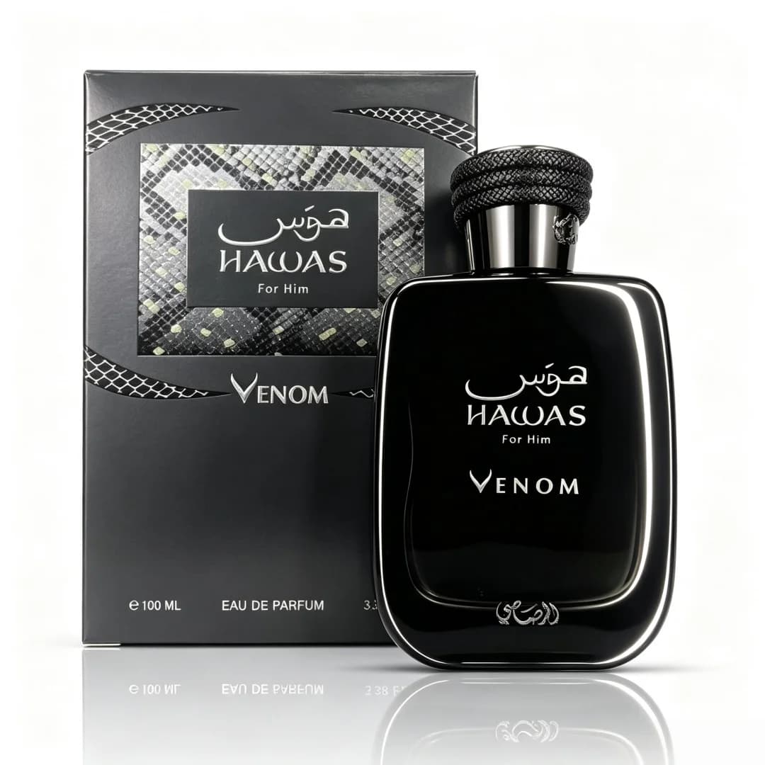 Rasasi Hawas Venom Men's Gulong perfume spray, 3.4oz, 100ml, smoked leather, amber tone, top note spice+balsam, middle note leather, super long fragrance for 12 hours+daily commuting/business social n