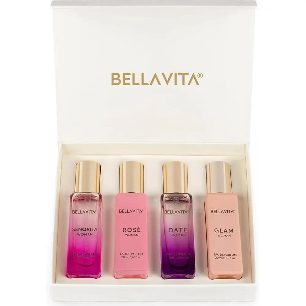 Bellavita Women Perfume Gift Set 4x20ml Rose Senorita Date Glam Floral Fruity Scent Pink Pepper Yuzu Peach Collection…