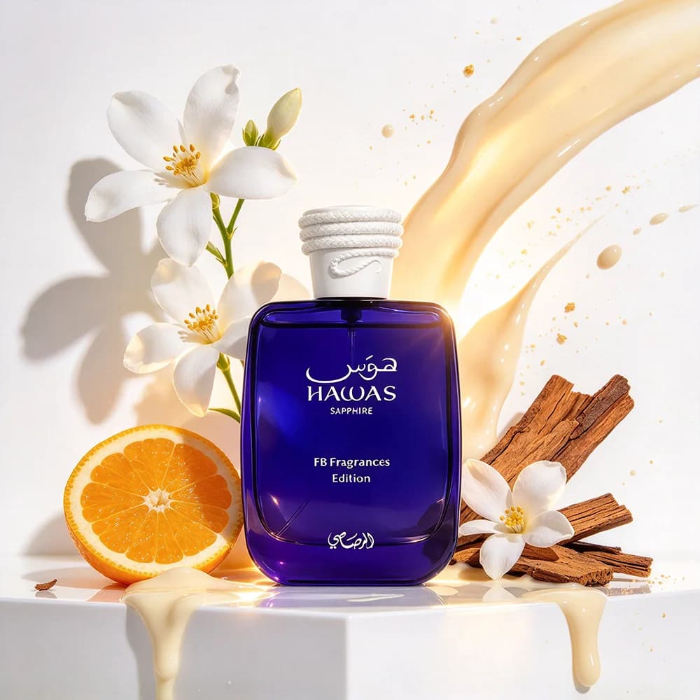 Rasasi Hawas Sapphire X FBFragrances Edition Unisex Eau De Parfum 100ml Tropical Marine Scent Guava Blackcurrant Bergamot Opening Orange Blossom Sandalwood Heart Musk Tonka Bean Ambergris Base for Sum
