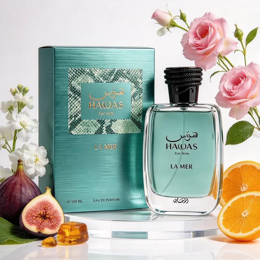 Rasasi Hawas La Mer Eau De Parfum Spray 100ml for Men Fresh Minty Citrus Scent Peppermint Bergamot Mandarin Top Notes Blackcurrant Jasmine Heart Fig Amber Wood Base Long Lasting Ocean Inspired Cologne