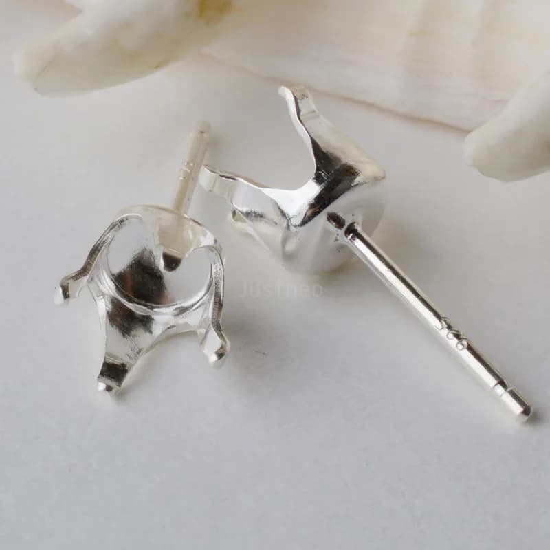 Solid 925 Sterling Silver Snaptite Stud Earring Post 4 Prongs Snap in Setting for Round Stones and Crystals ,1pair