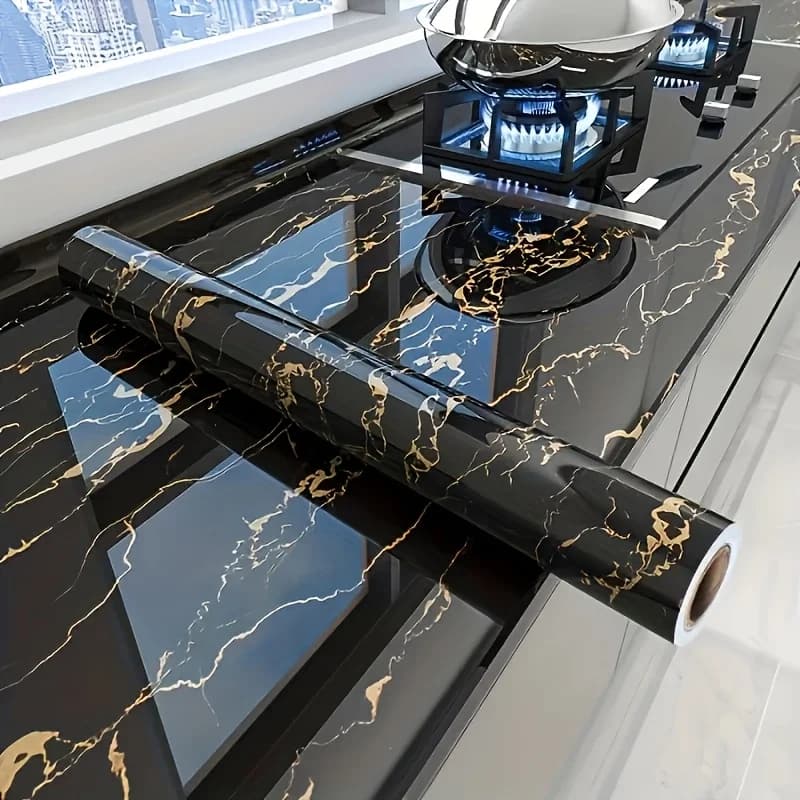 1pc Luxury Black Marble Wallpaper - Self-Adhesive, Large Kitchen Backsplash with Golden Veins, 23.62inch x 196.85inch, Easy Inst