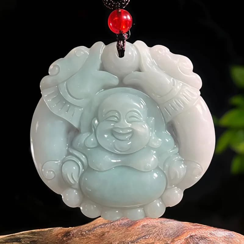 Real Jade Natural Emerald Double Dragon Smiling Buddha Pendant Necklace Carved Charm Jadeite Jewelry Fashion Charm…