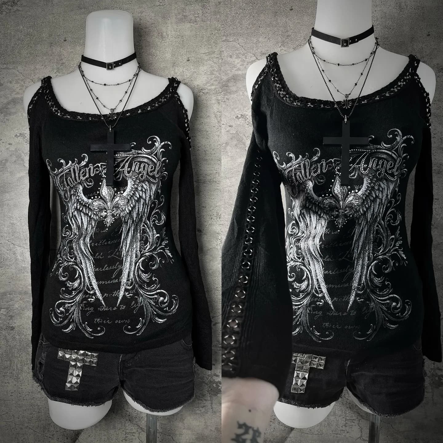 2026 New Autumn Retro Dark Punk Gothic Angel Wings Printed Off Shoulder Long Sleeve Top Spicy Girl Street Niche Trend Subculture