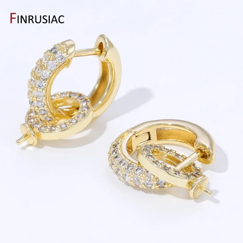 18K Gold Plated Brass Inlaid Zircon Hoop Earring With Pearl Mounting,Earrings Fixtures for DIY Pearl Earring Making…