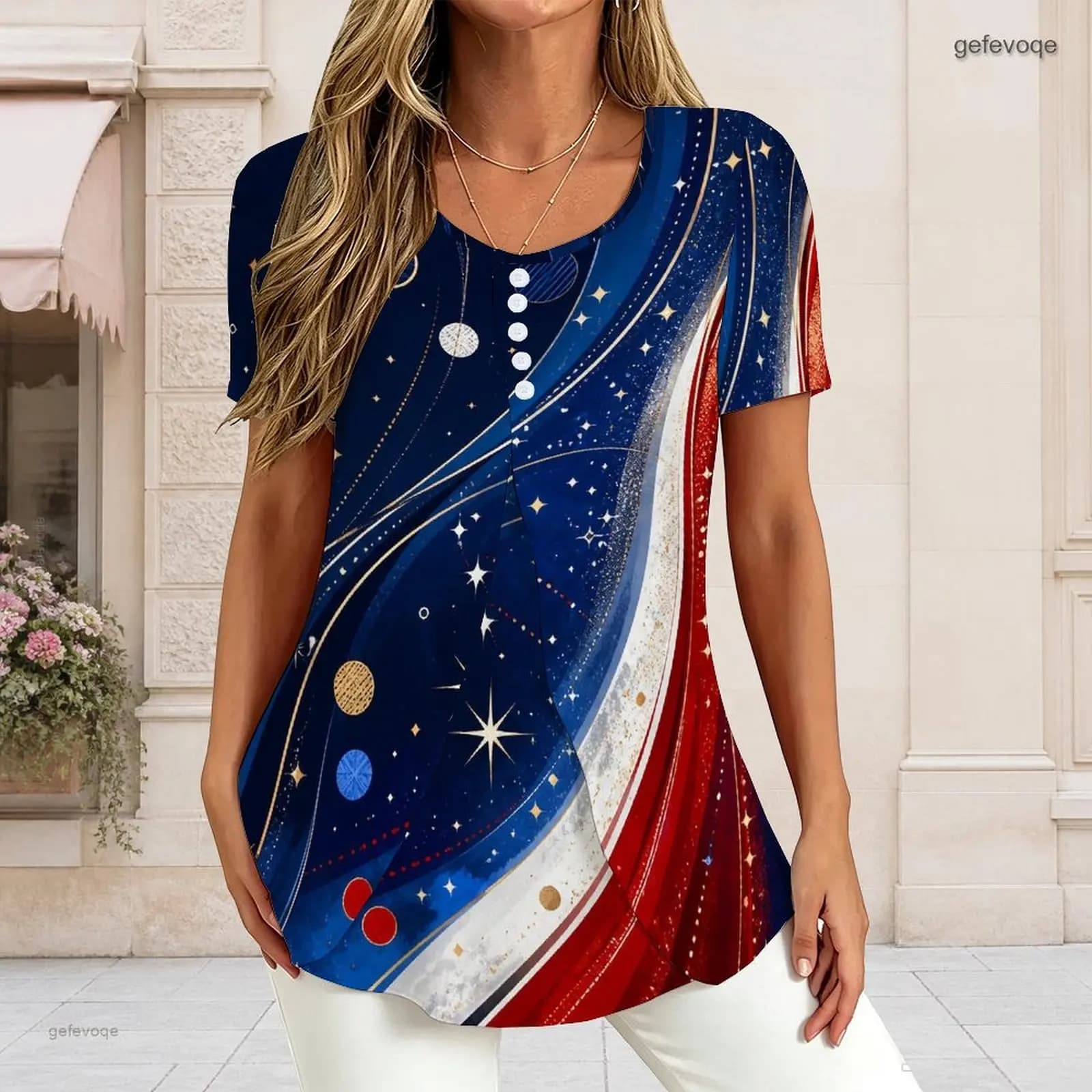 Women V Neck Short Sleeve T Shirt Half Button Placket Fake Two Piece Layered Curved Hem Loose Tunic Top Custom Print…