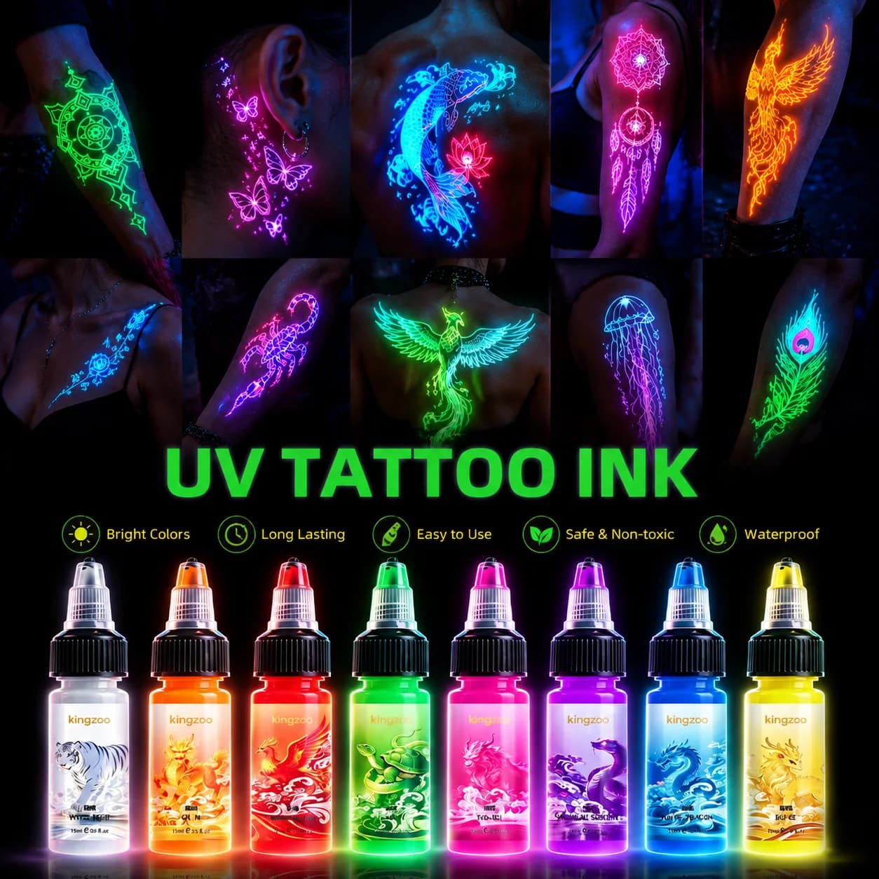 UV Airbrush Tattoo Ink Fluorescent Body Art Pigment 15ml Glow in the Dark Tint for Halloween& Party Neon Temporary Tattoo Inks