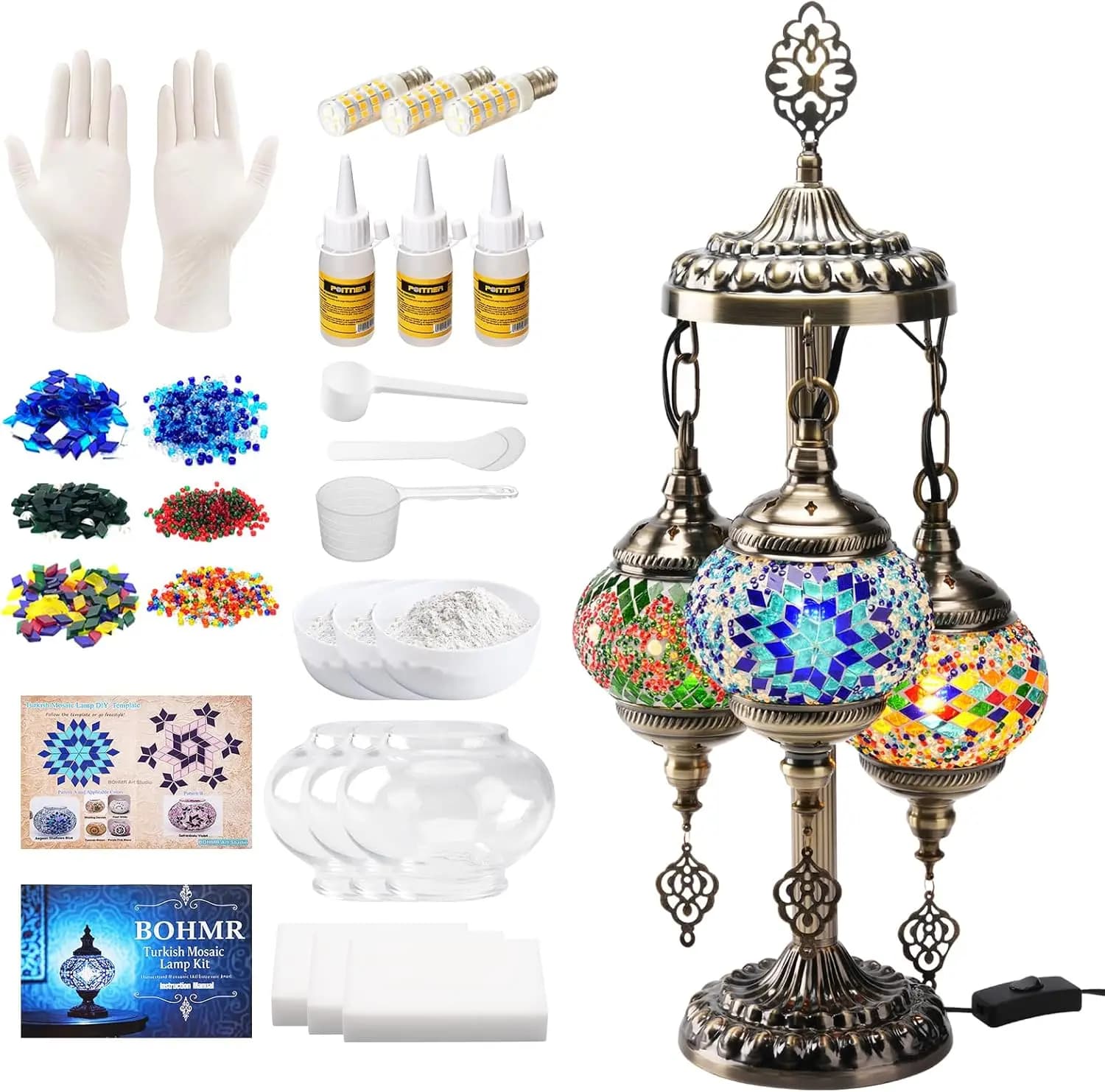 DIY 3 Globe Turkish Mosaic Lamp Kit, 23""H Stained Glass Table Lamp Making Kit-Easy & Fun, No Experience Needed, Mosaic Art & Craft Project Kits for Adults & Teens, Make Your Own Lamp,Multicolor