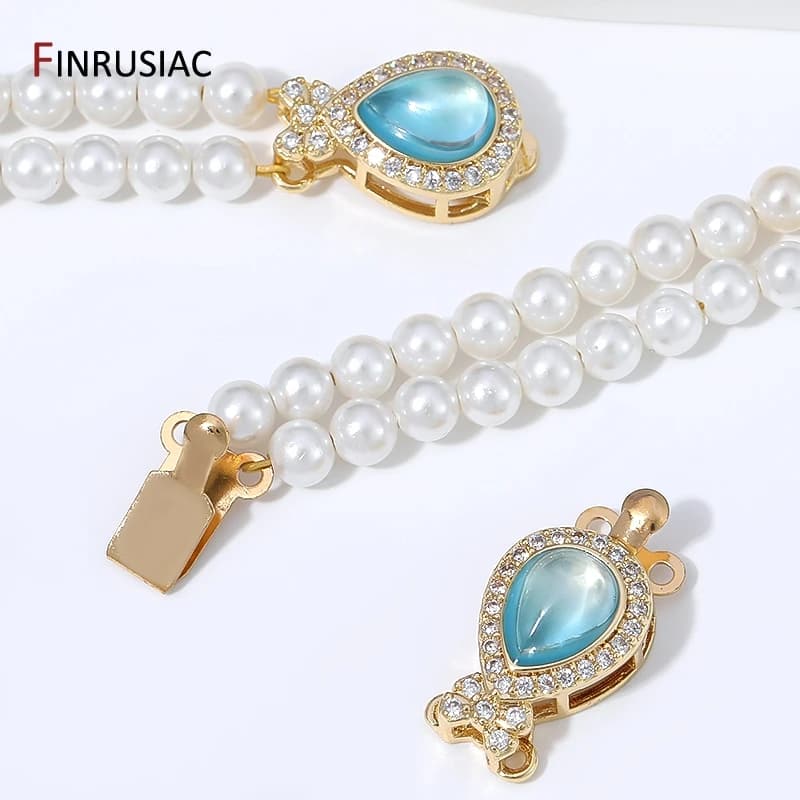 18K Gold Plated Brass Pear Opal Box Clasp 2 Strand Zircon Insert Safety Clasps for DIY Multi Pearl Jewelry Making…