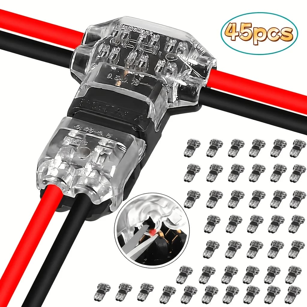 45pcs Heavy-Duty Solder-Free & Peel-Resistant T-Shaped 2-Pin Wire Connectors Compatible for LED Strips, Plug-and-Play…
