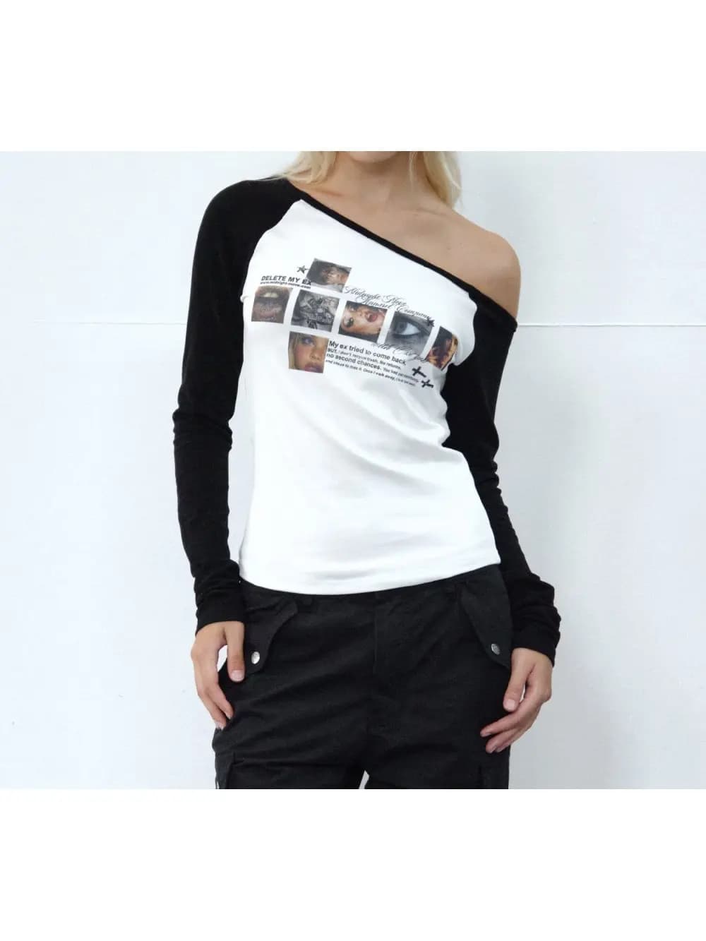 New autumn retro punk portrait print off shoulder black off shoulder long sleeved top, spicy girl street trend casual niche ins