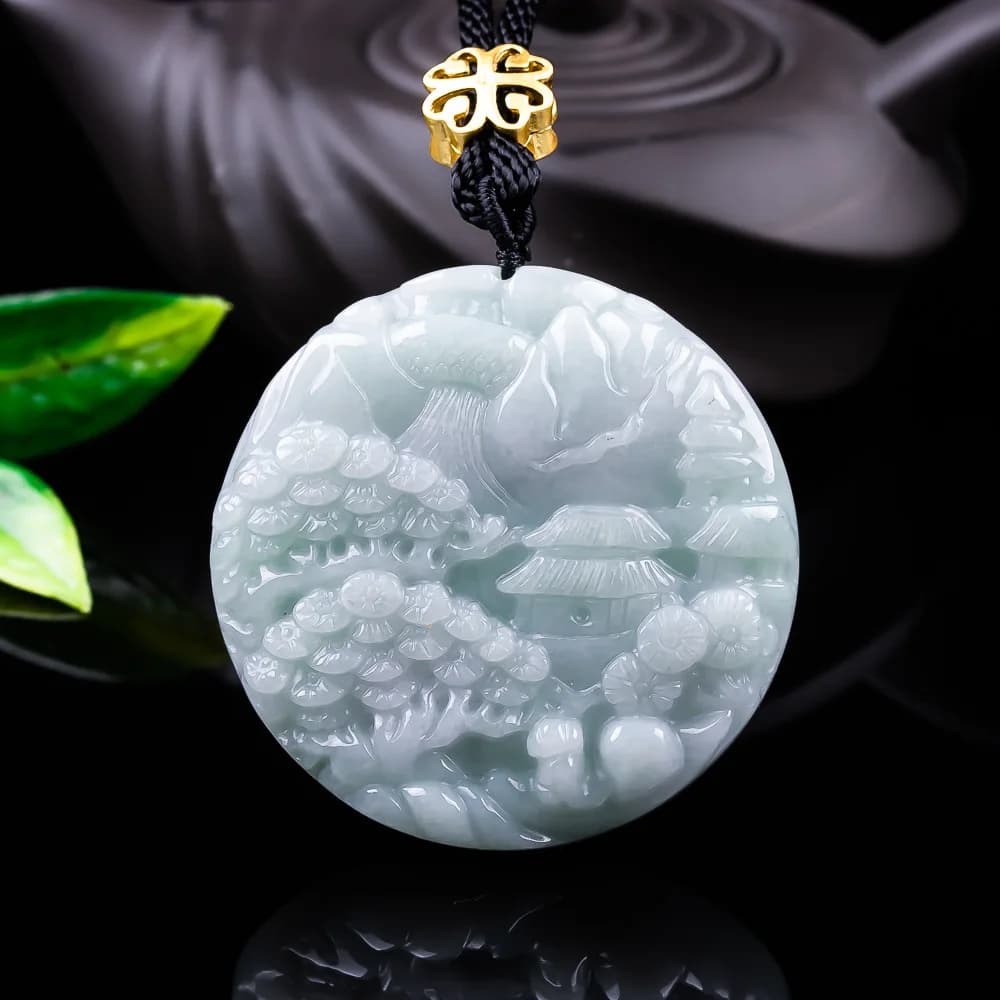 Real Jade Natural Emerald Double-sided Mountains Waters Pendant Necklace Carved Charm Jadeite Jewelry Fashion Charm…