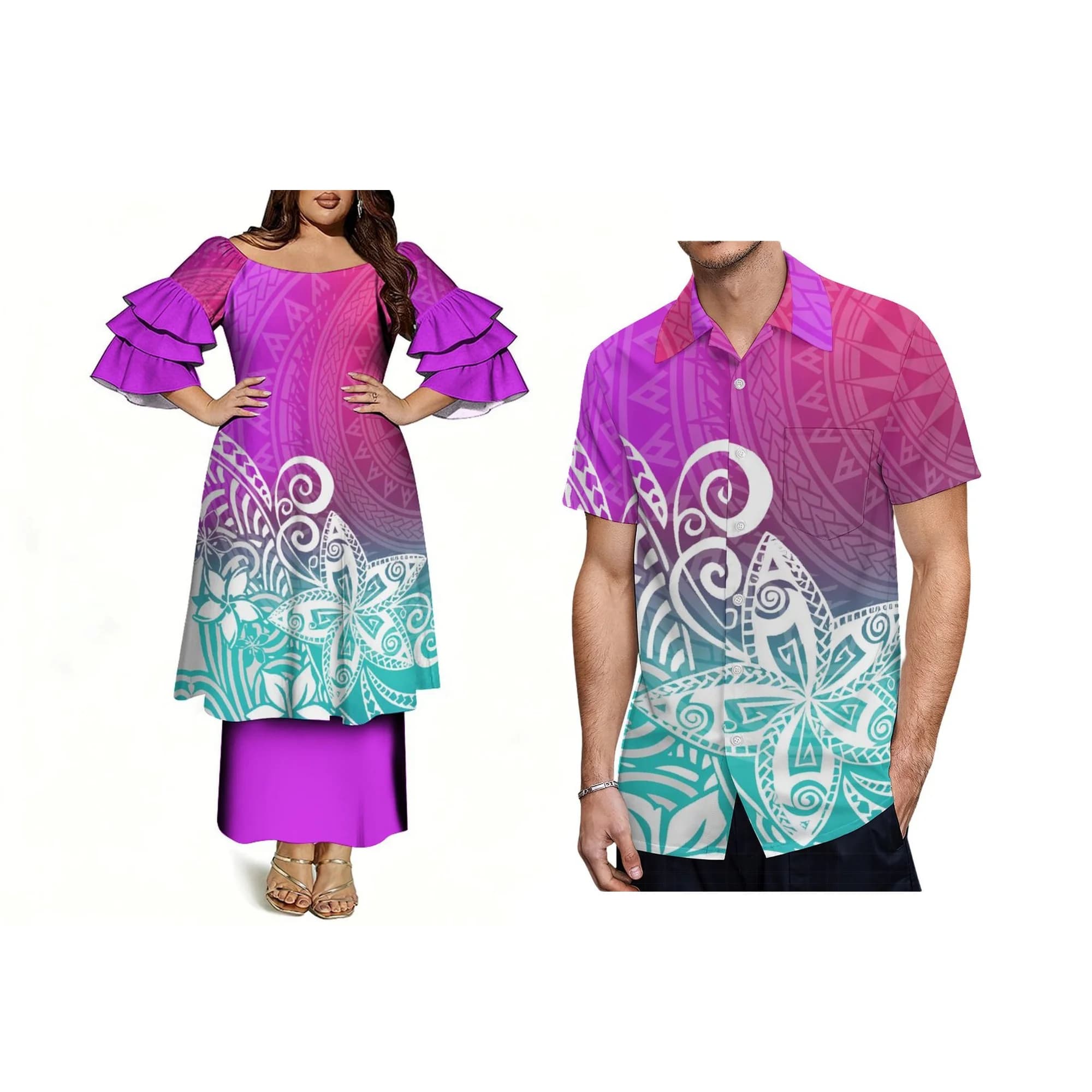 Hot Sale Samoan Polynesian Printed Womens Long Dress Custom Puletasi Big People Party Dress Three Layer Sleeve Dress 2pcs