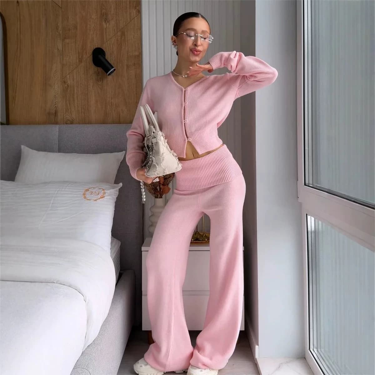 Women Long Sleeve Knitted Sweater Suits O-Neck Cardigans With High Waist Long Pants Suits Two Pieces Sets Sweater