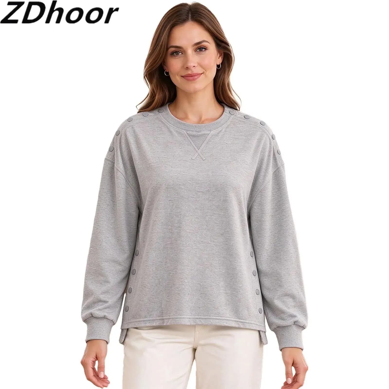 Women Post Surgery Recovery Top Long Sleeve Press Buttons Closure Solid Color Adaptive Sweatshirt