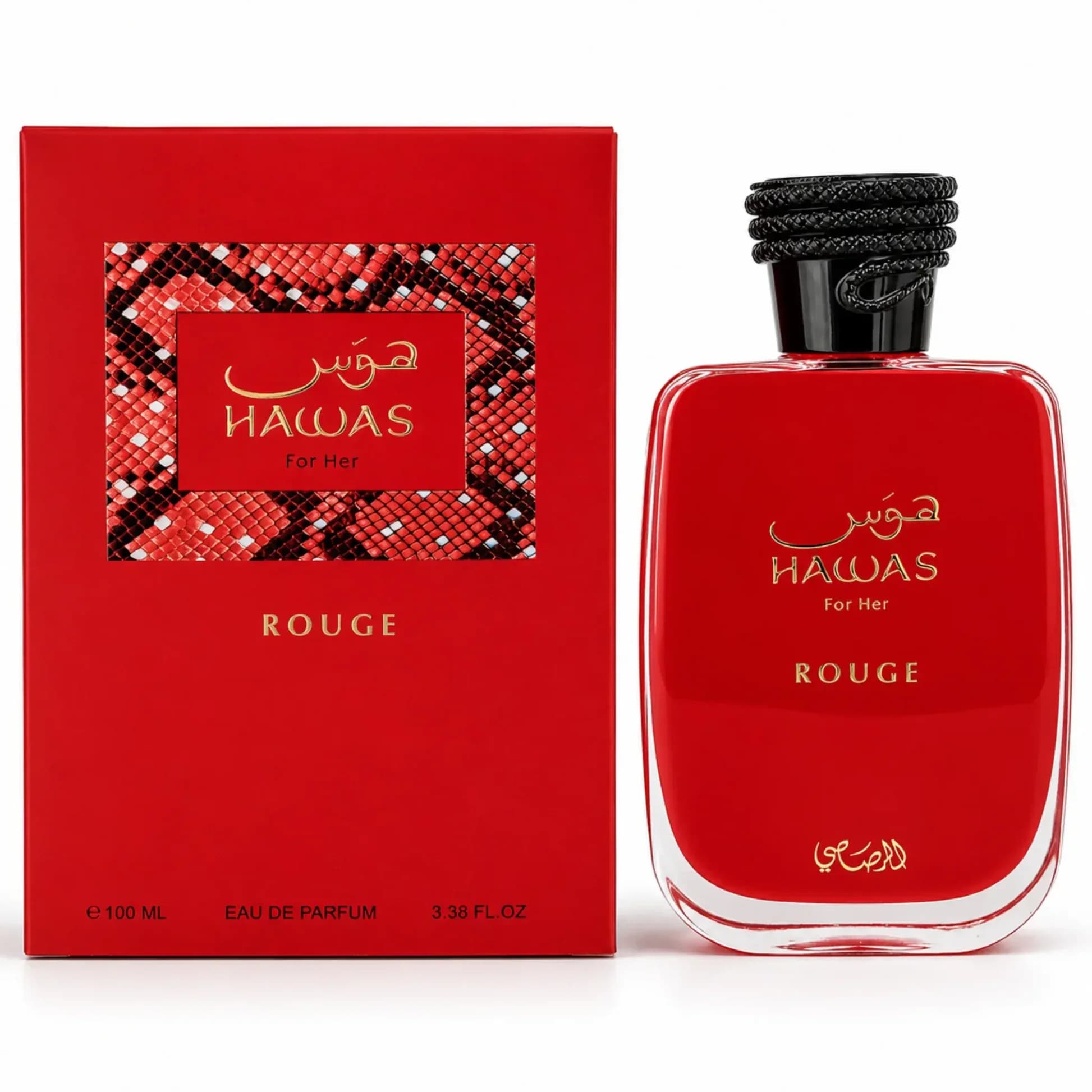 Rasasi Hawas Rouge For Her Eau de Parfum for Women, Fruity Floral Fragrance, Bergamot Pear Pink Pepper Jasmine Orange Blossom Vanilla Patchouli Amber Scent, 100ml / 3.38 fl.oz.
