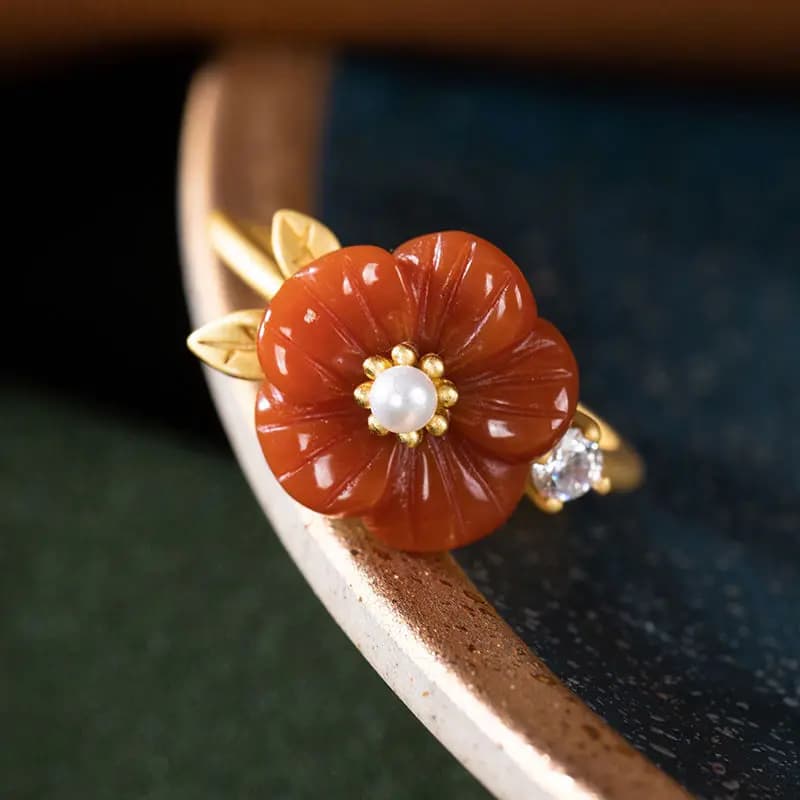 Red Natural Jade Flower Rings Luxury Stone Adjustable Ring Fashion Accessories Talismans Real Jewelry Lucky