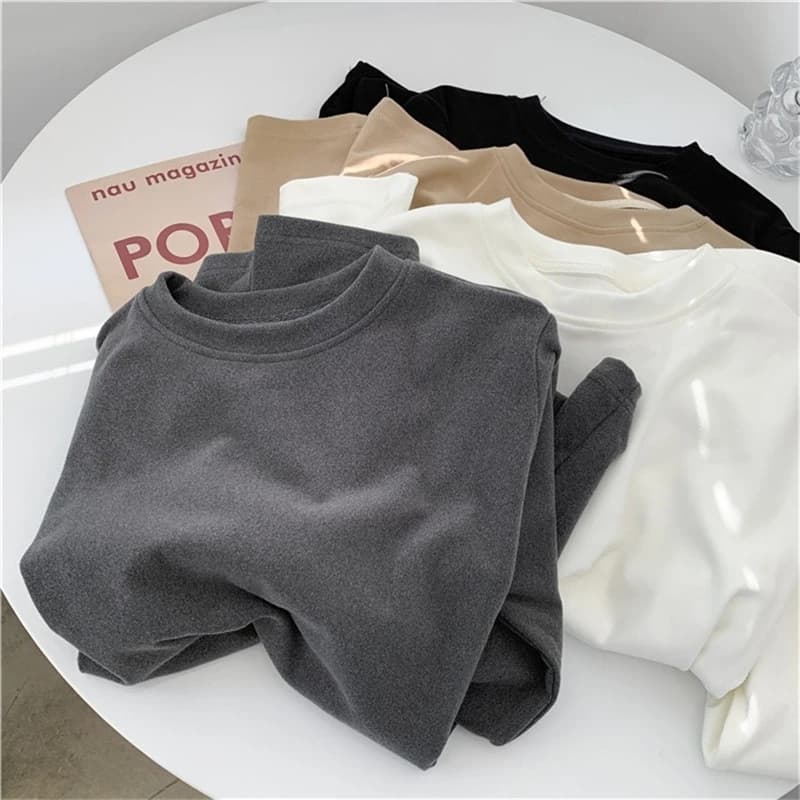 Girls De Velvet Warm Base Shirt New Autumn Winter Women Simple Long Sleeves T-shirt Brushed Pullover Slim Solid Interior Top