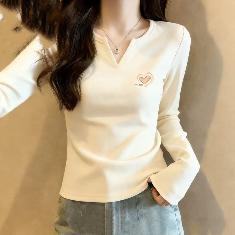 Womens Autumn V Neck Long Sleeve T Shirt Heart Print Slim Fit Petite Shoulder Inner Base Top S 3XL