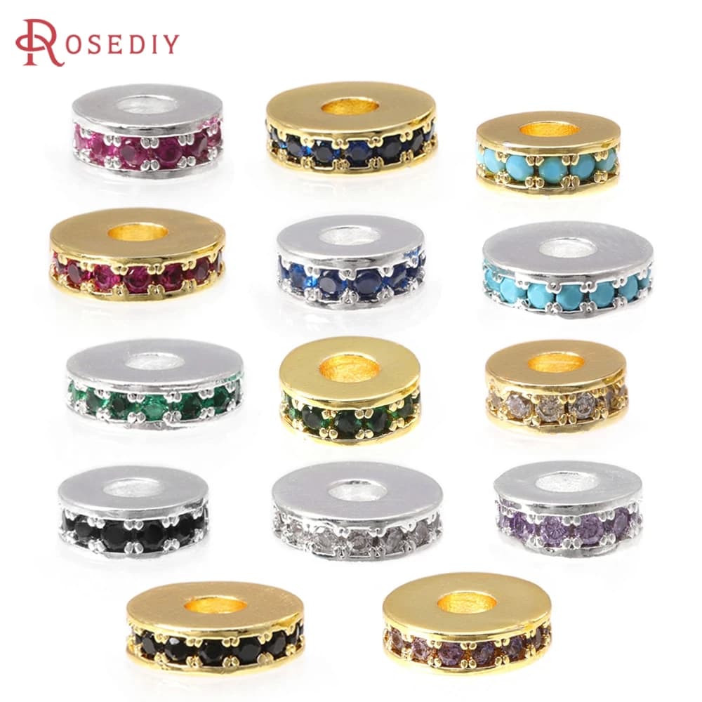6PCS 6MM 8MM 18K Gold Color Brass Zircon Large Hole Wheel Spacer Beads Bracelets Beads High Quality Diy Necklace Earrings Making