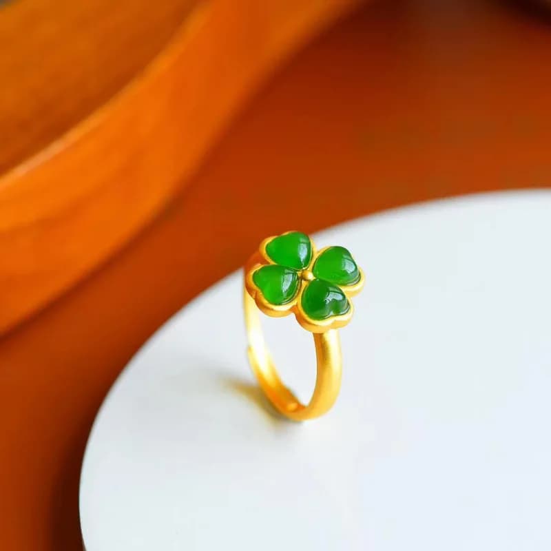 Natural Green Jade Four-Leaf Clover Ring Vintage Fashion Adjustable Rings Accessories Charm 18K Gold Plated Gifts for…