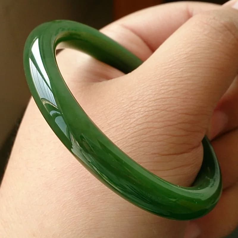 Xinjiang Hotan , Thin , Old Mine Spinach Green Jadeite, Round Band, Genuine Jade Bracelet