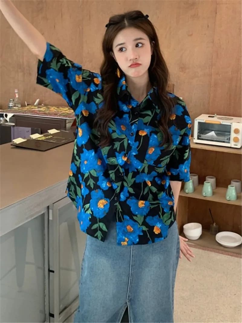 New Cotton Summer Turn-down Collar Women Breathable Vintage Blue Printed Loose Soft Holiday Casual Streetwear Shirts Coats