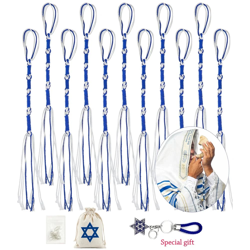 8/16 Pcs Blue White Hebrew Tzitzit Tassels Fringe with Metal Quick Clips Jewish Messianic Jeans Belt Loop Fasteners…