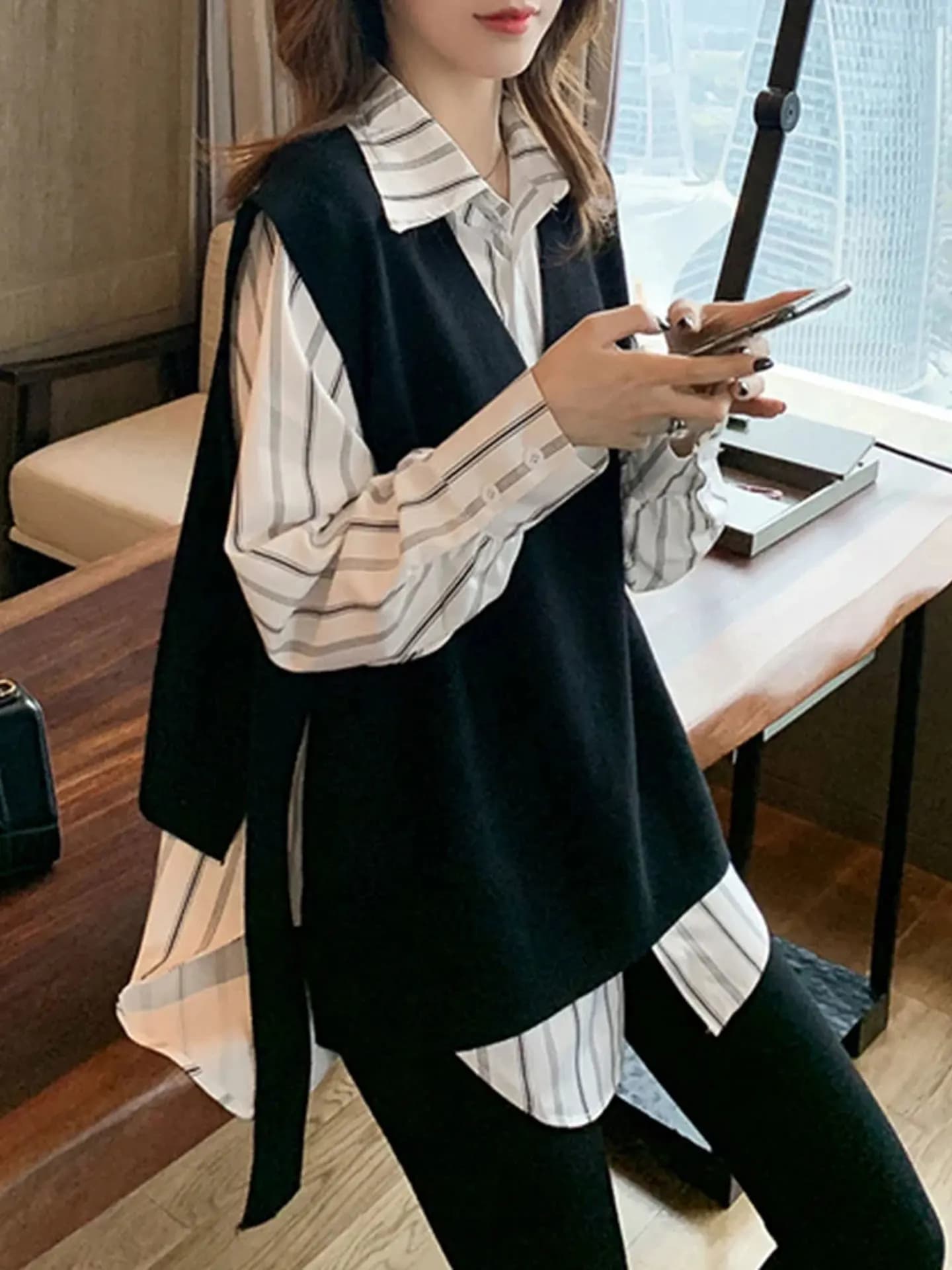 Casual Stripe Long Sleeve Knitted Shirt And Vest Set for Women Loose Fit Comfortable Leisure Style Two Piece Sportswear Ensemble