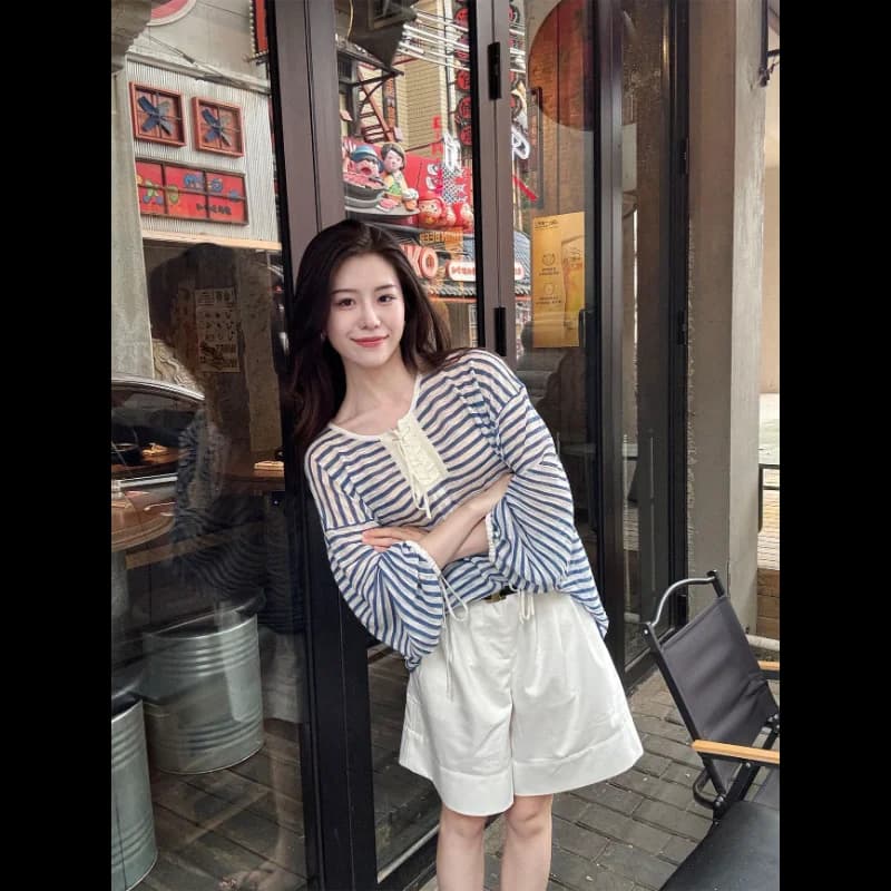 Women French Striped Long Sleeve T Shirt Loose Casual Sun Protection Cover Up Blouse Autumn