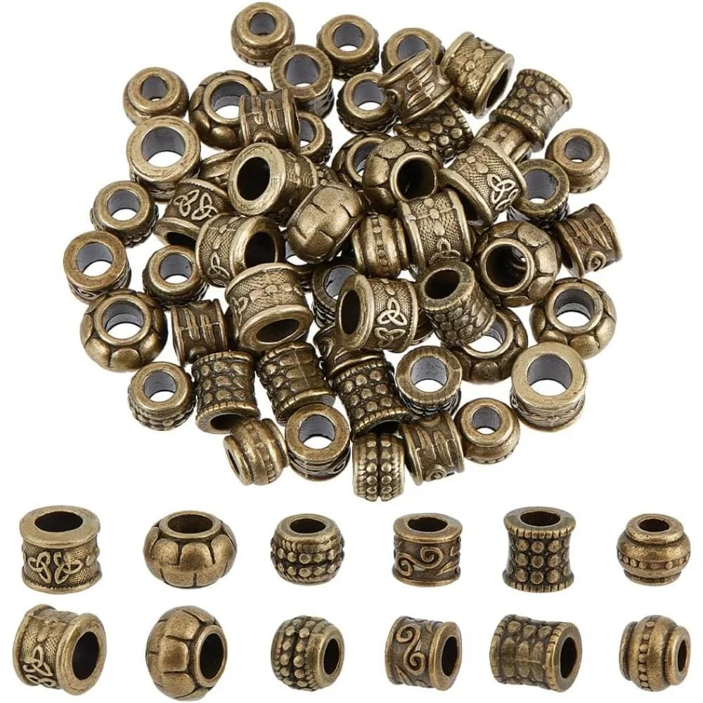60Pcs 6 Styles Alloy Spacer Beads Style Column Beads Large Hole Vintage Loose Spacer Antique