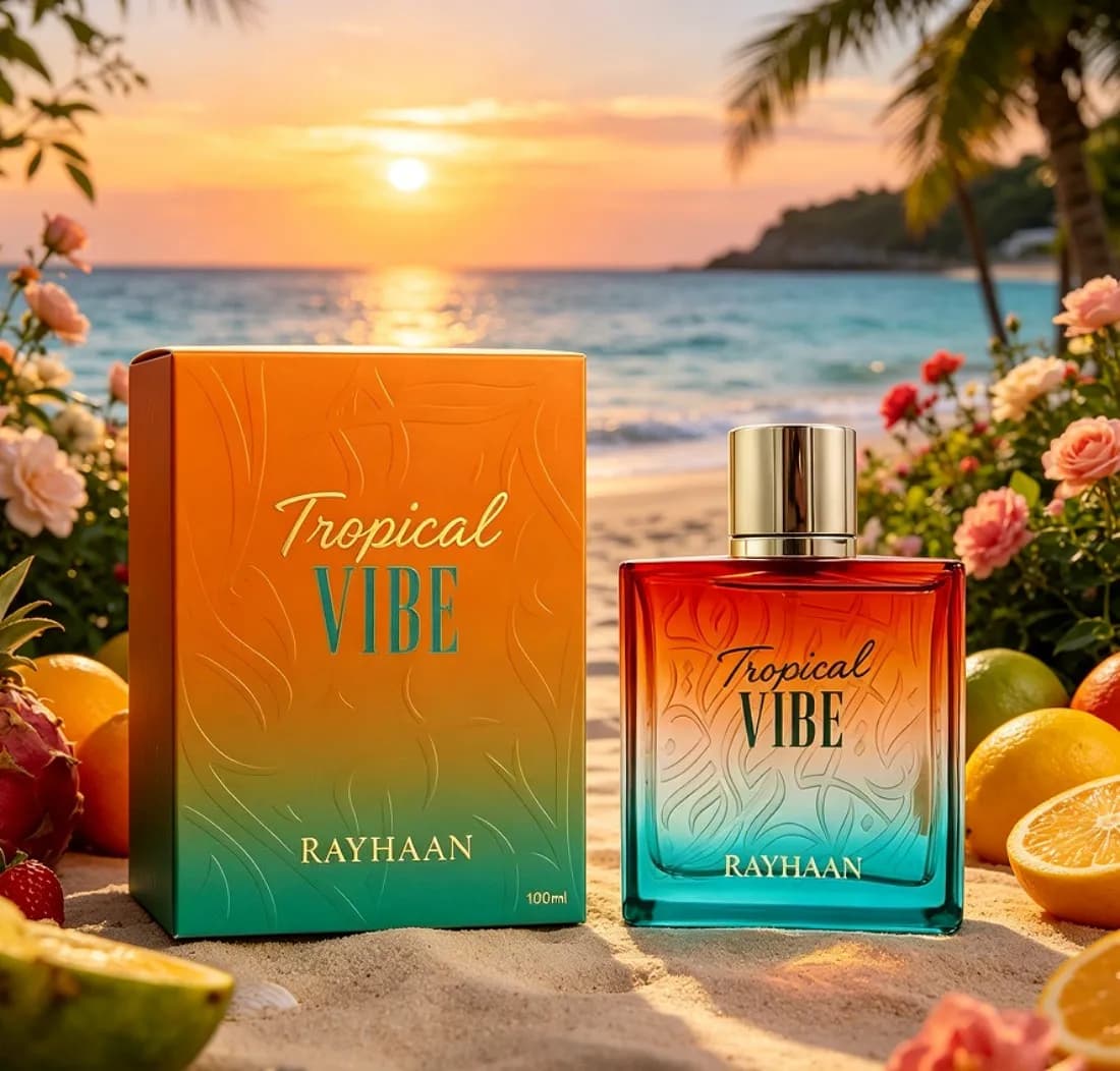 Rayhaan Tropical Vibe Unisex Perfume Spray, 3.4oz/100ml, tropical fruit, coconut milk, and ocean scent, long-lasting fragrance, suitable for various occasions
