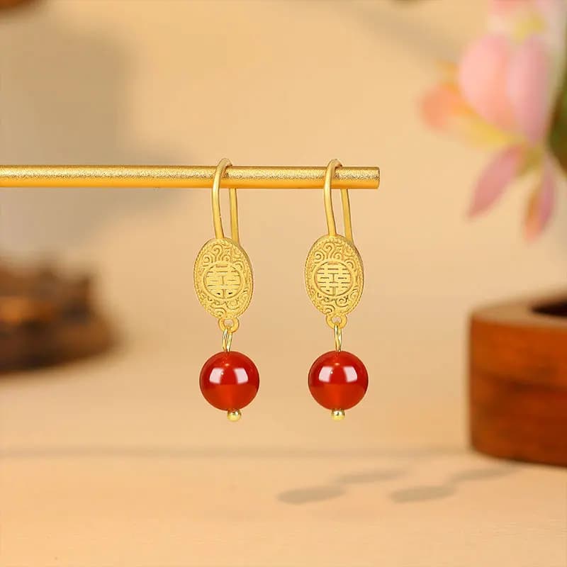 Natural Red Jade Bead Earrings Talismans Real Jewelry Luxury Charm 18K Gold Plated Designer Amulet Vintage Gifts for…