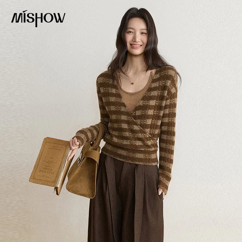 MISHOW Women's Two Piece Sets Korean Color Block Striped Knit Cardigan Camisole 2026 Fall Lazy Vibe Commuter Outfits MXF47T3324