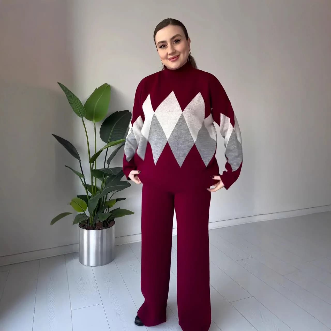 Sweater Suit Women Knitted 2 Piece Sets Pullover Turtleneck Top Wide Leg Pants Outfits Autumn Winter Knitwear Trousers…